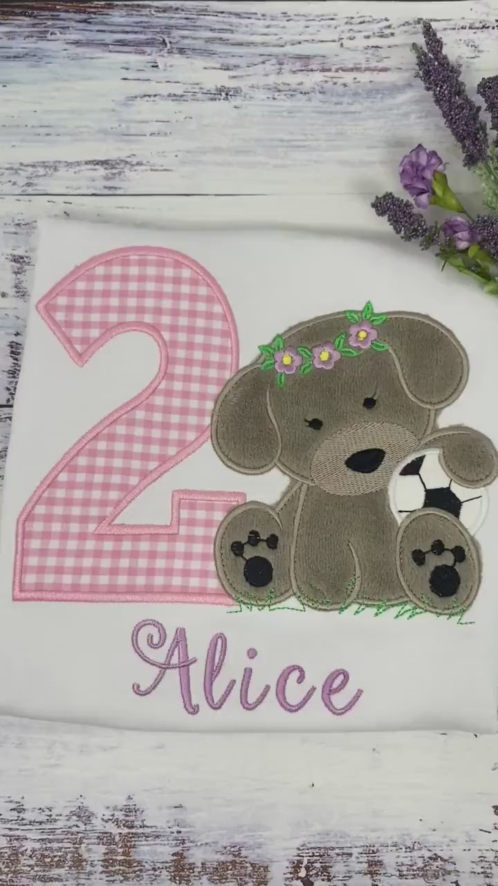 Girl 2nd Birthday Shirt, Embroidered Puppy with Soccer Ball,  Birthday Shirt With Girl Dog, Dog Birthday Shirt, Fluffy Puppy Embroidery