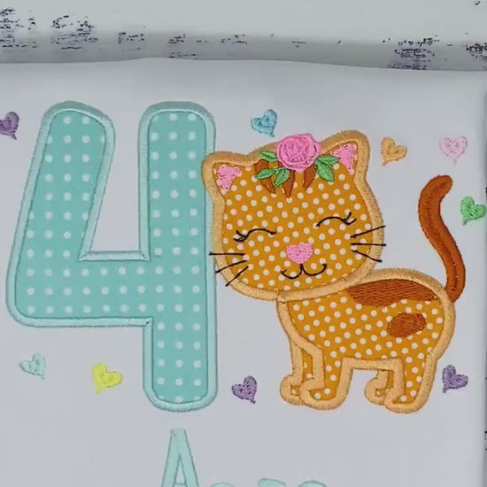 Girl 4th Birthday ruffle Shirt with Kitten, Personalized Shirt with Cute orange Cat, Polka dot kitty shirt