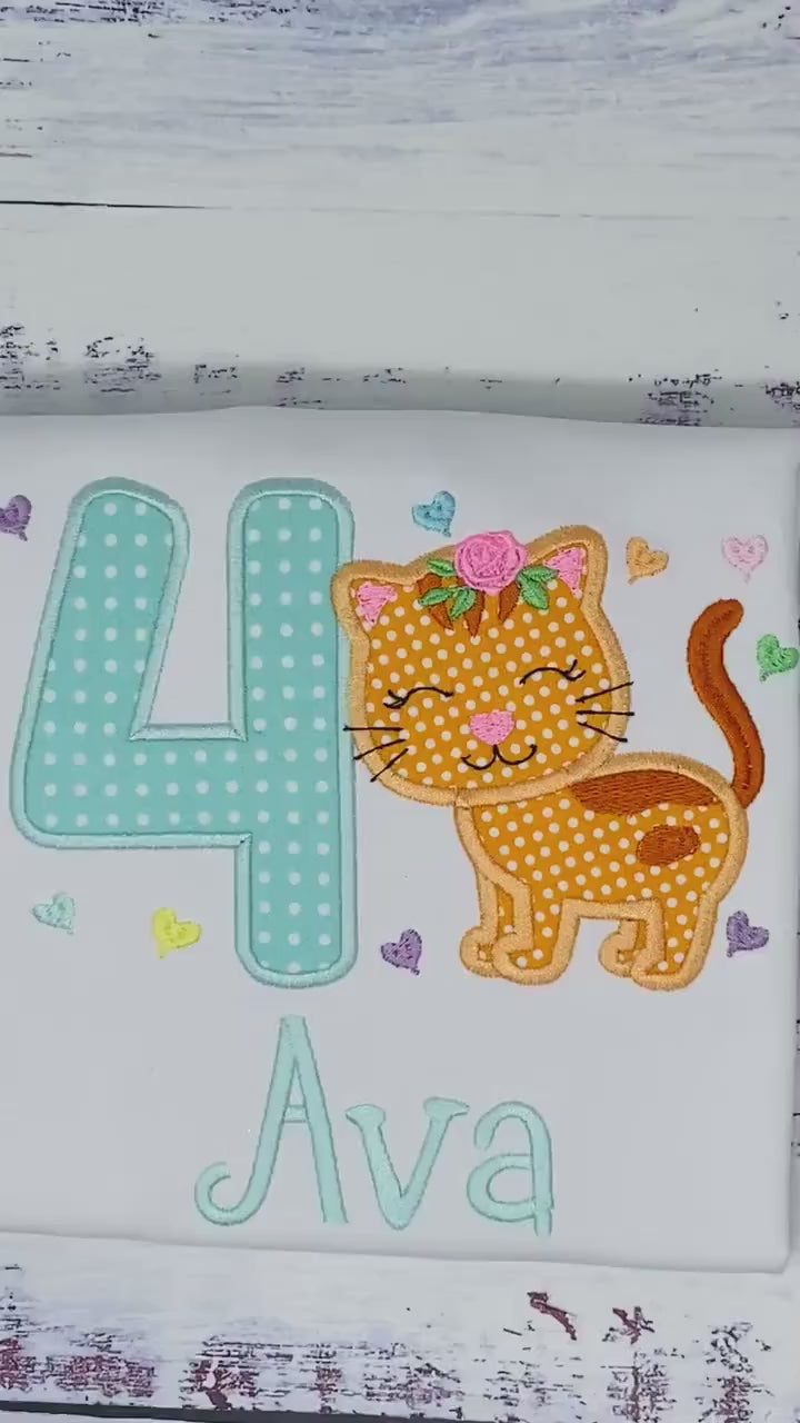 Girl 4th Birthday ruffle Shirt with Kitten, Personalized Shirt with Cute orange Cat, Polka dot kitty shirt