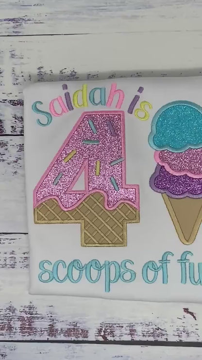 Girl Ice Cream 4 “Scoop of fun” birthday shirt, Sweet Ice Cream cone Theme Party, Pastel sweet birthday tee