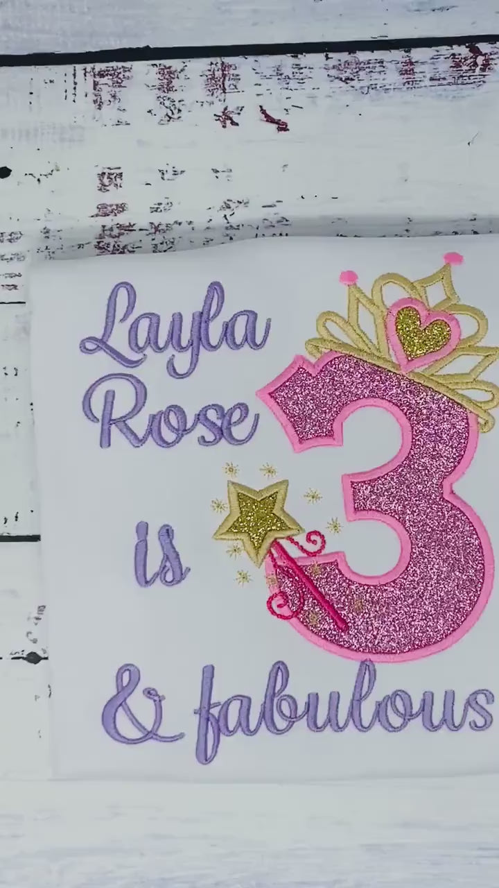 3rd Birthday Girl Outfit, Princess Birthday Shirt, Number with Tiara, Pink Princess Birthday Shirt, Three and Fabulous