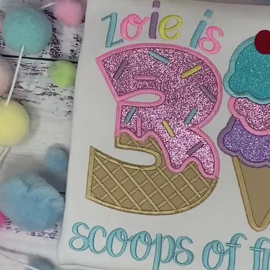 Girl Ice Cream 3 “Scoop of fun” birthday shirt, Sweet Ice Cream with cherry on top cone Theme Party, Pastel sweet birthday tee
