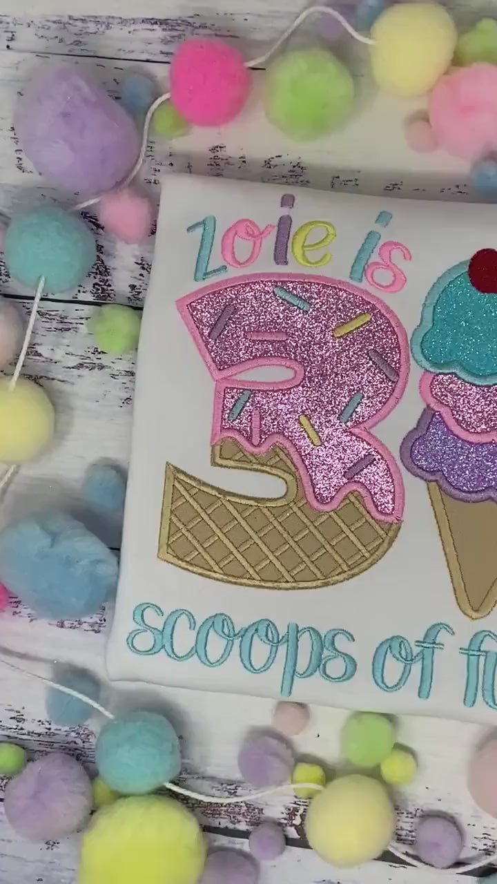 Girl Ice Cream 3 “Scoop of fun” birthday shirt, Sweet Ice Cream with cherry on top cone Theme Party, Pastel sweet birthday tee