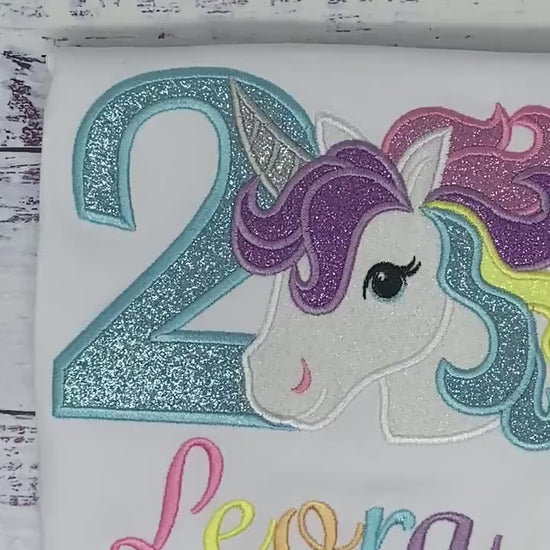 Girl 2nd Birthday pink Unicorn Shirt, Girl Rainbow Pastel Unicorn Birthday Outfit, Rainbow Unicorn Blue number, Unicorn embroidery, Any Agee