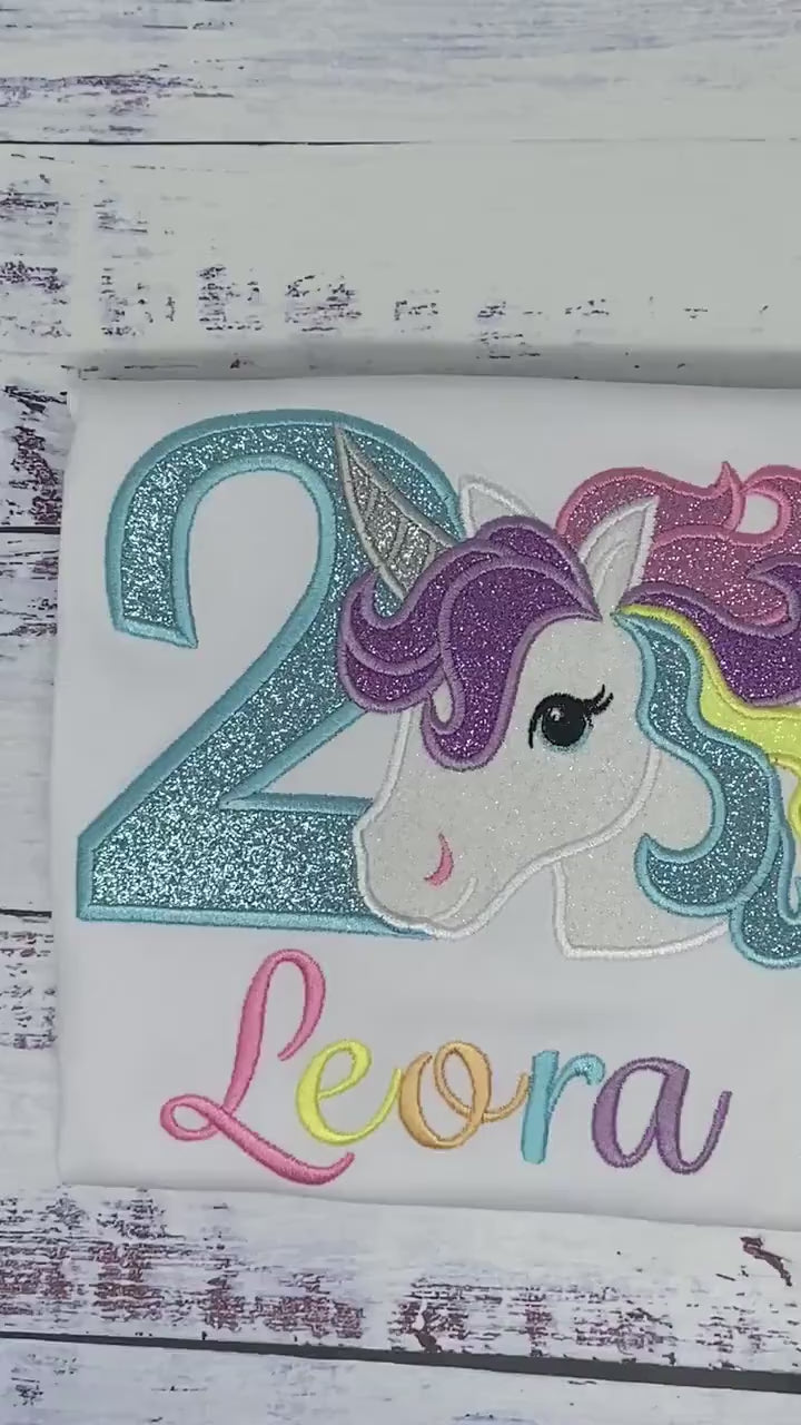 Girl 2nd Birthday pink Unicorn Shirt, Girl Rainbow Pastel Unicorn Birthday Outfit, Rainbow Unicorn Blue number, Unicorn embroidery, Any Agee