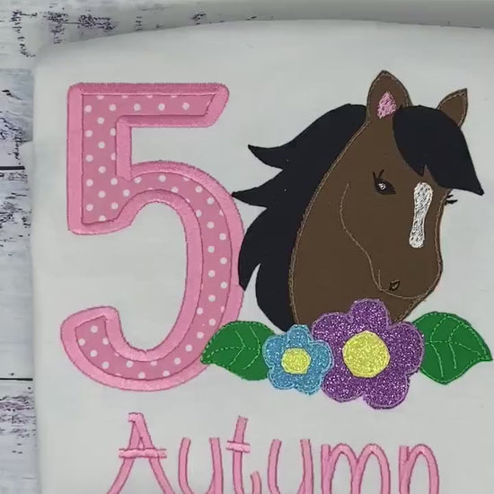 Girl 5th  Birthday Shirt With Bay Brown Horse, Birthday Tee with Ponny, 4th, 6th 7th Horse Embroidery T-Shirt, Any Age, Long Mane Hoese.