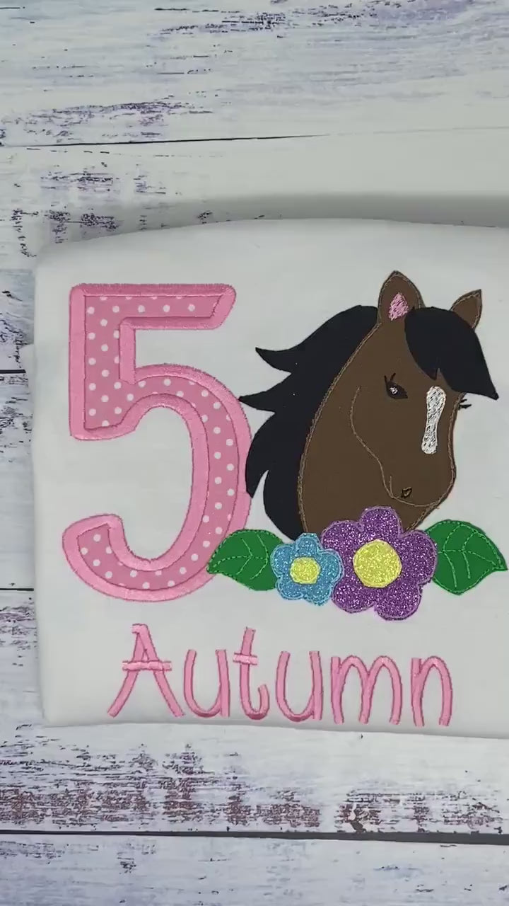 Girl 5th  Birthday Shirt With Bay Brown Horse, Birthday Tee with Ponny, 4th, 6th 7th Horse Embroidery T-Shirt, Any Age, Long Mane Hoese.