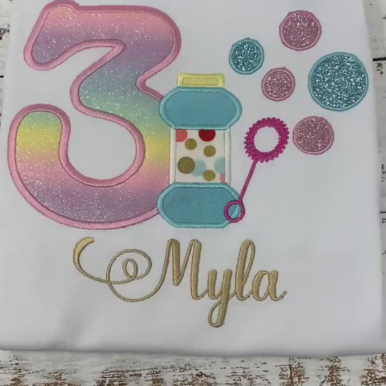 Girls Shirt with Bubbles, Bubble applique, Blowing bubbles bday shirt