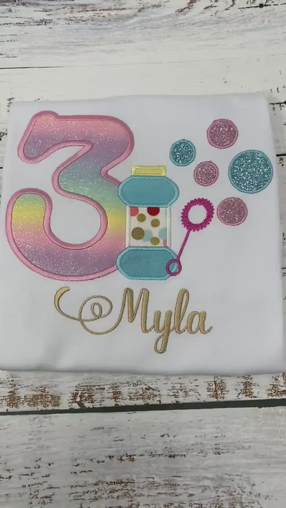 Girls Shirt with Bubbles, Bubble applique, Blowing bubbles bday shirt
