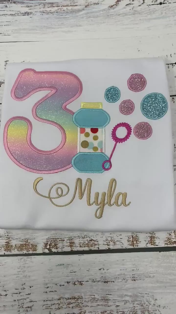 Girls Shirt with Bubbles, Bubble applique, Blowing bubbles bday shirt