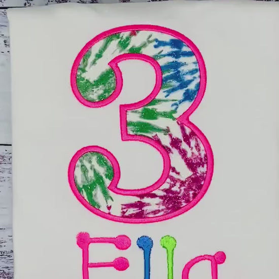 Girl 3rd birthday neon letter painted shirt, Number 3 shirt,