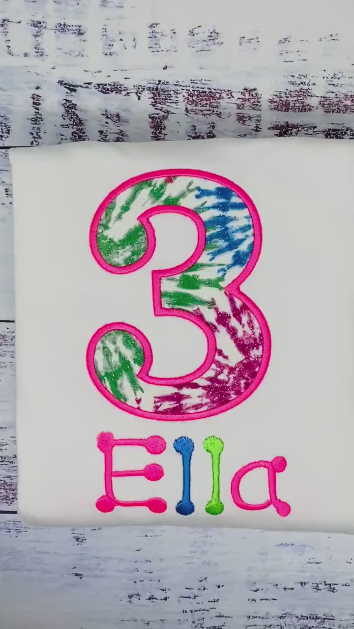 Girl 3rd birthday neon letter painted shirt, Number 3 shirt,