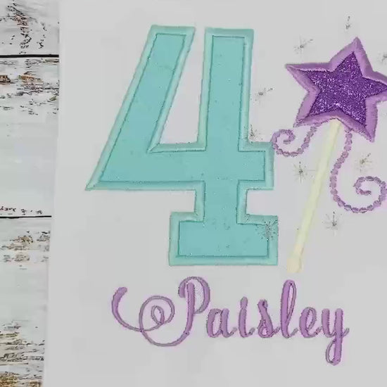 Girl birthday shirt with purple magic wand, 4th birthday shirt with magic wand