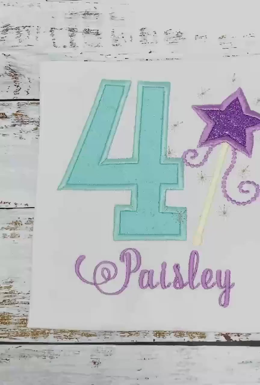 Girl birthday shirt with purple magic wand, 4th birthday shirt with magic wand