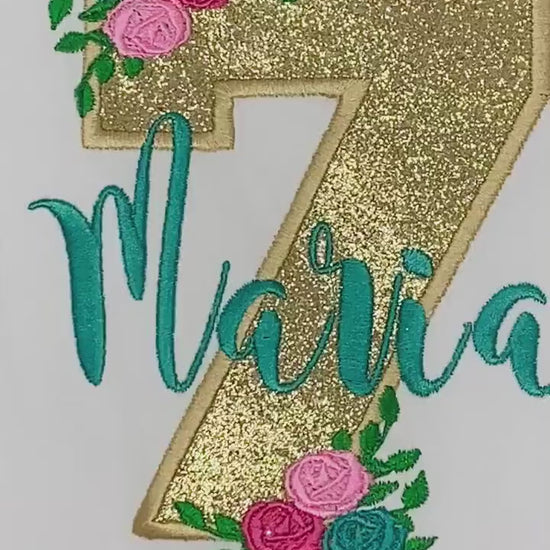 Golden 7th birthday shirt, Gold glitter, Floral birthday shirt, Flower, Roses, Hot pink name , Personalized applique shirt