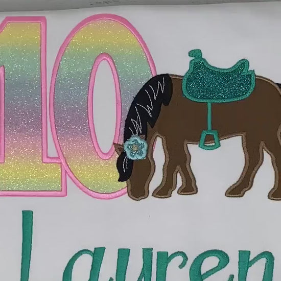Girl 10th Birthday Shirt With Bay Brown Horse, Birthday Shirt with Horse and Saddle, 4th, 6th 7th Horse Birthday Shirt, Embroidered Horse