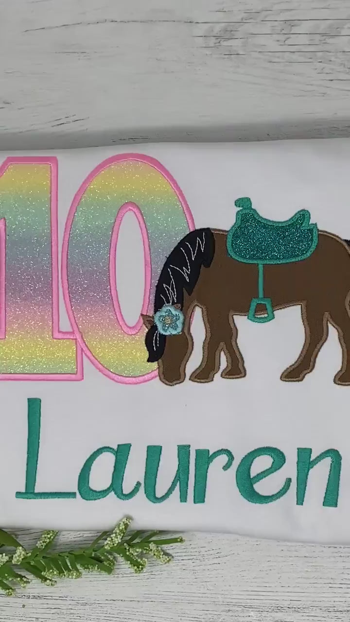 Girl 10th Birthday Shirt With Bay Brown Horse, Birthday Shirt with Horse and Saddle, 4th, 6th 7th Horse Birthday Shirt, Embroidered Horse