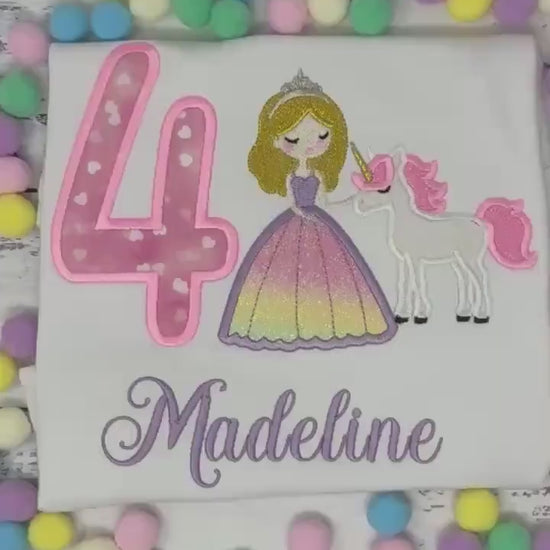 Princess 4th birthday birthday shirt with unicorn, Golden hair princess, silver tiara, Princesses and Uni Birthday Any age princess T-shirt
