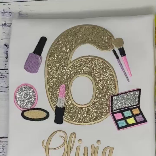 Girl 6th Birthday Shirt with Make up, Salon, Spa Birthday Shirt, Number cosmetics, Lipstick Powder Brush, Nail Polish,
