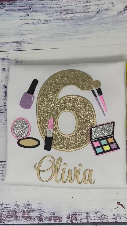 Girl 6th Birthday Shirt with Make up, Salon, Spa Birthday Shirt, Number cosmetics, Lipstick Powder Brush, Nail Polish,