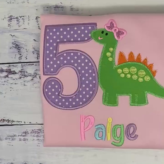 Girl 5th Birthday Brachiosaurusembroidery shirt, Dinosaur themed shirt, Green dinosaur Pink Bow Tee, Polka Dots Number Embroidery, Any age