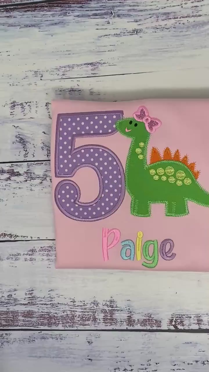 Girl 5th Birthday Brachiosaurusembroidery shirt, Dinosaur themed shirt, Green dinosaur Pink Bow Tee, Polka Dots Number Embroidery, Any age